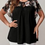 Plus Size Women's Floral Print Tie-Front Black Top with Adjustable Bow & Flutter Sleeves - Lightweight Semi-Sheer Summer Blouse, Machine Washable Elegant Pullover for Casual or Dressy Outfits, Floral Print Blouse, Casual Chic Top, Elegant Flutter Sleeves, - Image 11