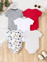 ⁦5pcs Baby's Marine Style Cotton Bodysuit, Casual Short Sleeve Romper, Toddler & Infant Boy's Outdoor Clothing⁩ - الصورة ⁦7⁩