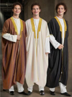 1pc Arabic Thobe Kandoorah Robe for Men - Traditional Muslim Scholar Gown with Striped Pattern & Golden Trim, Loose Fit for Height 168-185cm, All-Season Hand Washable Religious & Formal Attire, Muslim Dress, Cultural Attire, Detailed Trim Design, Chinese - Image 2