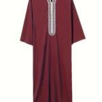 2024 New Men's Traditional Arabic Abaya Robe - Retro Style V-Neck Long Sleeve Green Muslim Prayer Dress, H-Type Fit for Daily Wear & Religious Ceremonies, Allseason Robe, Vneck Design, Intricate Embroidery, Solid Color Attire