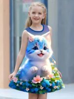 Girls' Sleeveless Summer Dress with Adorable Blue Kitten & Floral Print - A-Line Casual Playwear for Youngsters, Hand Wash Only, Dress Up Play for Girls, Youngsters's Outdoor Wear, Comfortable Youngsters's Clothing