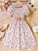 Charming Girls' Floral Summer Dress with Puff Sleeves and Belt - Lightweight Polyester, Machine Washable - Perfect for Beach Vacations - Image 3