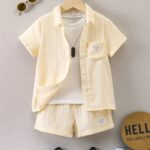 Boys' Summer Casual Cotton Shorts Set, Alphabet Print, Lapel Collar, Short Sleeve, with Placket, for Boys, for Outdoor - Image 11