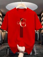 ⁦Men's Casual Calvin Print T-Shirt - Black with Golden Stripe Design, Comfortable Polyester Crew Neck Tee for Everyday Streetwear, Summer Essential⁩ - الصورة ⁦10⁩