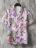 Men's Tropical Floral Print Hawaiian Shirt - Short Sleeve Button-Up with Vibrant Pink Hibiscus & Monstera Leaf Design, Casual Summer Beachwear, Polyester Blend, Machine Washable, Casual Wear | Buttondown Shirt | Smooth Texture, PLUS SIZE