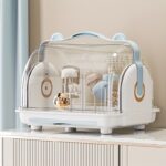 Spacious Dust-Proof Feeding Essentials Organizer with Lid - White & Blue, Countertop Storage Box with Drain Rack for Bottles, Tableware & Food Supplements, Includes Copper-Colored Handle for Easy Carry, Feeding Storage|Transparent Organizer|Easycarry Hand
