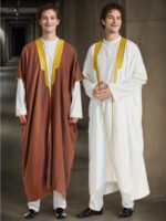 1pc Arabic Thobe Kandoorah Robe for Men - Traditional Muslim Scholar Gown with Striped Pattern & Golden Trim, Loose Fit for Height 168-185cm, All-Season Hand Washable Religious & Formal Attire, Muslim Dress, Cultural Attire, Detailed Trim Design, Chinese