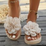 Women's Floral Embellished Slip-On Flat Sandals - Soft Fabric Upper & EVA Sole, Comfortable Casual Beach Shoes for Spring/Summer, Sweet Style Outdoor Slippers with Cushioned Insole