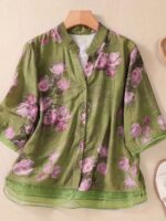 Women'S Casual Floral Print Blouse - Light Pink with Purple Floral Design, Long Sleeves, Button-Up, High Neck, Perfect for Spring/Summer, Casual Attire|Floral Print Top|Long Sleeve Shirt - Image 7