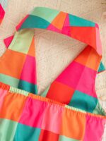 ⁦Vibrant Color Block Girls' Sleeveless Romper with Matching Sun Hat - Casual Summer Outfit, Halter Neck, Button-Up Design, Polyester Fabric, Perfect for Youngsters' Outdoor Play, Girls Clothes, Perfect for Outdoor⁩ - الصورة ⁦5⁩