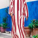 Men's Long Striped Hooded Robe - Red & Beige Vertical Stripes, Loose Fit, Traditional Muslim Style, Machine Washable, Comfortable Sleepwear for Cultural Events & Casual Gatherings
