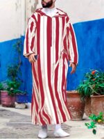 Men's Long Striped Hooded Robe - Red & Beige Vertical Stripes, Loose Fit, Traditional Muslim Style, Machine Washable, Comfortable Sleepwear for Cultural Events & Casual Gatherings