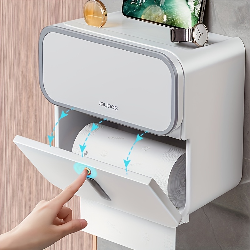 f59f68d7-acb1-4552-9f50-8930780802ee.jpg 1pc Double-Layer Bathroom Tissue Holder, Wall-Mounted Plastic Tissue Box with Drawer, Strong Waterproof, No Drilling Required, Rectangle Shape - الصورة 1