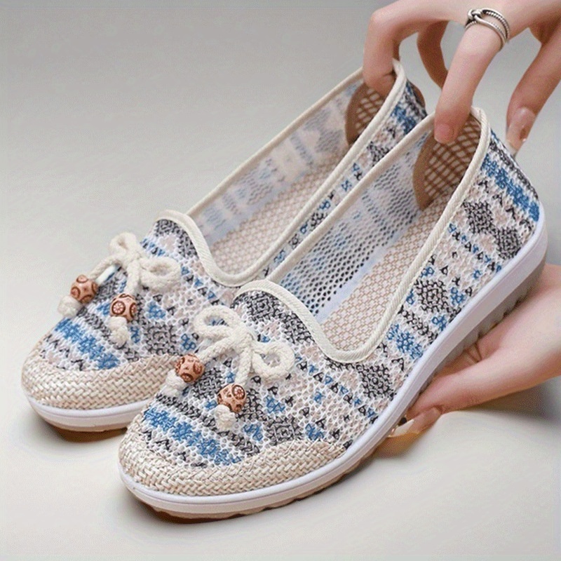 f60eda7483cc4530a9753a9e3771a350-goods.jpeg Breathable Mesh Slip-On Sneakers for Women - Soft Rubber Sole, Ethnic Floral Pattern in Blue & White, Comfortable Casual Shoes with Bow Detailing - Image 1