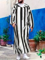 Men's Red & Black Striped Arabic Kaftan Robe - Loose Fit Hooded Muslim Abaya with Elastic Fabric, Machine Washable All-Season Traditional Islamic Clothing, Modest Apparel, Medium Elasticity, Comfortable Wear