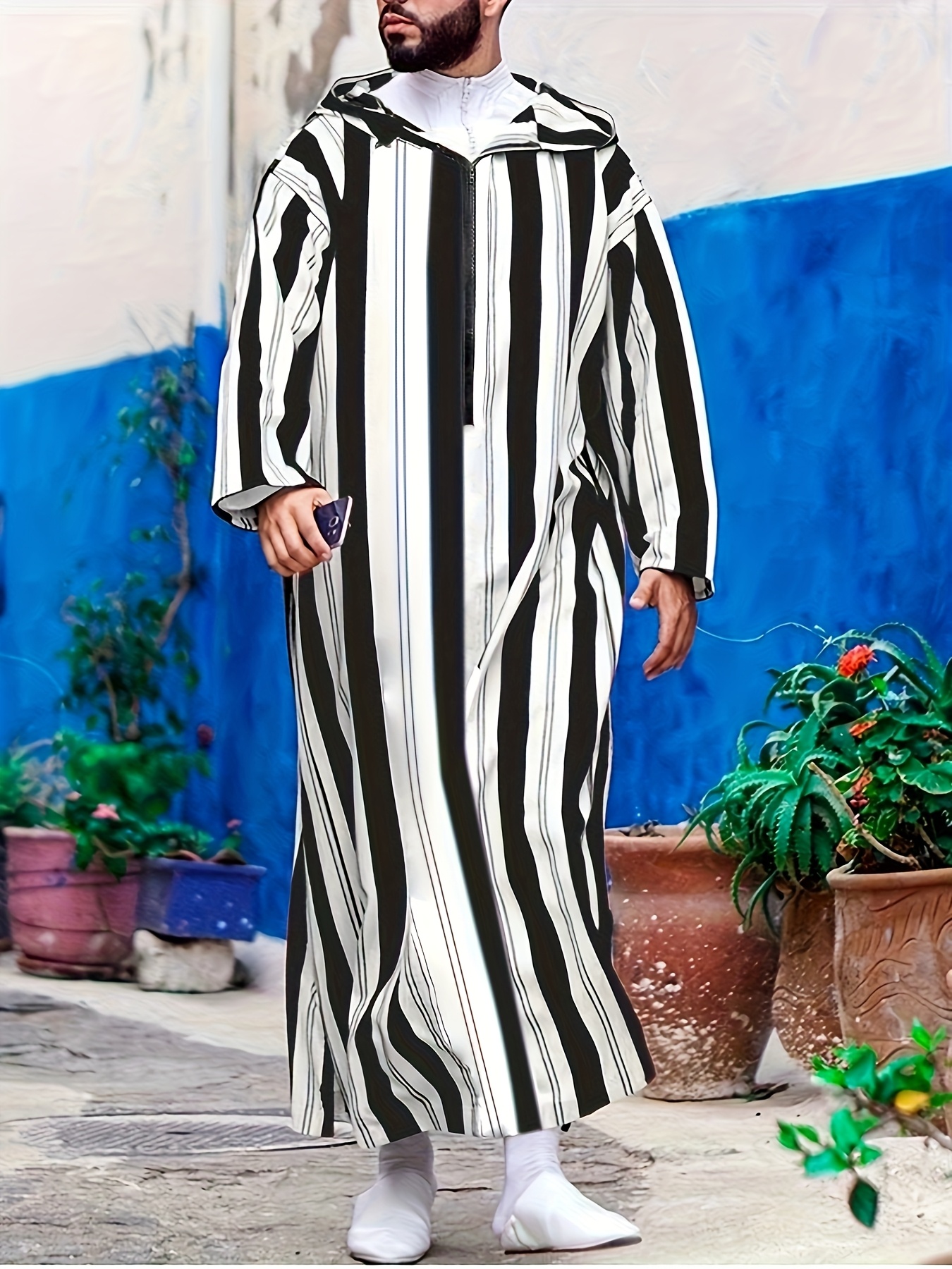 f63171a5-85a5-4254-99fd-a05e27825a4f.jpg Men's Red & Black Striped Arabic Kaftan Robe - Loose Fit Hooded Muslim Abaya with Elastic Fabric, Machine Washable All-Season Traditional Islamic Clothing, Modest Apparel, Medium Elasticity, Comfortable Wear - Image 1