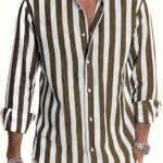 Men's Stylish Striped Long Sleeve Button-Up Shirt - Casual Lapel Collar, White & Brown Vertical Stripes, Lightweight Fabric, Perfect for Beach Vacations, Dates, and Gifts, Beach Wear, Versatile Fashion | Classic Striped Shirt | Collared Long Sleeve - Image 17