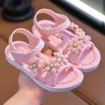 Girls' Princess Floral Embellished Sandals with Adjustable Closure - Waterproof PVC Soft Sole Non-Slip Beach Shoes for Youngsters to Pre-Teen Girls, Spring Summer Casual & Beach Wear, Daily Wear Sandals | Braided Strap Sandals | Soft Sole Sandals