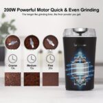 Coffee Bean Grinder Electric, Food Processor, Food Mixer, 200W Powerful Spice Grinder Electric, Grain Mills, Espresso Coffee Grinder for Spices, Nuts, 12 Cups/2.7oz, One Touch Push-Button Control with Brush, Coffee Spoon, 2 Blades - Image 10