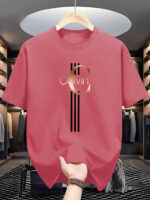 ⁦Men's Casual Calvin Print T-Shirt - Black with Golden Stripe Design, Comfortable Polyester Crew Neck Tee for Everyday Streetwear, Summer Essential⁩ - الصورة ⁦3⁩