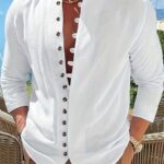 Men's Vintage Cotton-Blend Casual Shirt - Relaxed Fit Long Sleeve Button-Up with Stand Collar & Chest Pockets, Solid Black, All-Season Versatile Wear, Soft Texture, Gift for Eld, Gift for Ramadan