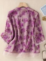 Women'S Casual Floral Print Blouse - Light Pink with Purple Floral Design, Long Sleeves, Button-Up, High Neck, Perfect for Spring/Summer, Casual Attire|Floral Print Top|Long Sleeve Shirt - Image 5