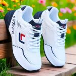 Men's Lightweight Breathable Mesh Running Shoes - White Low-Top Sneakers with Striped Design, EVA Cushion & Rubber Sole for All-Season Training, Gym, Casual Wear
