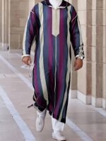 Men's Arabic Kaftan Robe - Traditional Striped Hooded Long Sleeve with Purple & Beige Vertical Stripes, Loose Fit for Ramadan Eid al-Adha & Gulf Festival, Breathable Casual Muslim Holiday Attire, Muslim Dress, Cultural Attire, Lightweight Fabric, Cultural - Image 7