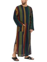 INCERUN Men's Islamic Arab Kaftan - Striped Print Long Sleeve Thobe, Loose Fit Full-Length Caftan for Casual & Sleepwear, Breathable Machine-Washable Spring/Summer Pajama Dress, Muslim Dress - Image 2