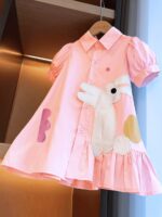 aiLe Rabbit Girls' Elegant Summer Dress - Pink with Bunny Embroidery, Ruffle Hem, Short Sleeve, Button-Up Collar, Non-Stretch Fabric, Perfect for Casual Wear, Cute Summer Dresses