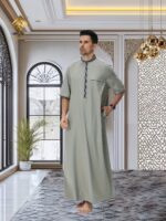 2025 Latest Premium Men'S Arabic Long Robe, Made of Soft, Non-Pilling Material, Featuring a Stylish Short Sleeves And a Button-Up Design, Perfect for Prayer.