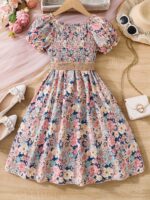 Charming Girls' Floral Summer Dress with Puff Sleeves and Belt - Lightweight Polyester, Machine Washable - Perfect for Beach Vacations - Image 8