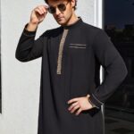 Men's Elegant Black Islamic Kaftan with Golden Embroidery - Stand Collar, Long Sleeve, Maxi Dress for Arabic & Muslim Festivals, All-Season Wear, Gift for Eld, Gift for Ramadan