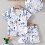 Boys' Summer Fashion Vacation Style Woven Shirt & Shorts & Fisherman Hat Set - Perfect for Beach Holidays, Perfect for Outdoor