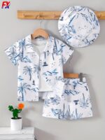 Boys' Summer Fashion Vacation Style Woven Shirt & Shorts & Fisherman Hat Set - Perfect for Beach Holidays, Perfect for Outdoor