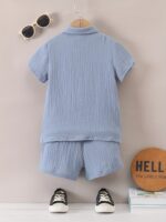 Boys' Summer Casual Cotton Shorts Set, Alphabet Print, Lapel Collar, Short Sleeve, with Placket, for Boys, for Outdoor - Image 4
