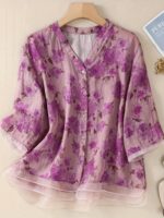 Women'S Casual Floral Print Blouse - Light Pink with Purple Floral Design, Long Sleeves, Button-Up, High Neck, Perfect for Spring/Summer, Casual Attire|Floral Print Top|Long Sleeve Shirt - Image 2
