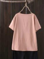 ⁦1pc Women'S Plus Size Casual Crew Neck Shirt with Floral Print and Button Detail, Woven Non-Stretch Fabric, All Season Short Sleeve Top⁩ - الصورة ⁦6⁩