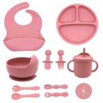 Set of 11 Silicone Feeding Items for Infants, Including a Suction Bowl, a Divided Plate, Utensils for Self-Feeding, And a Sippy Cup with an Adjustable Bib for Weaning Support.