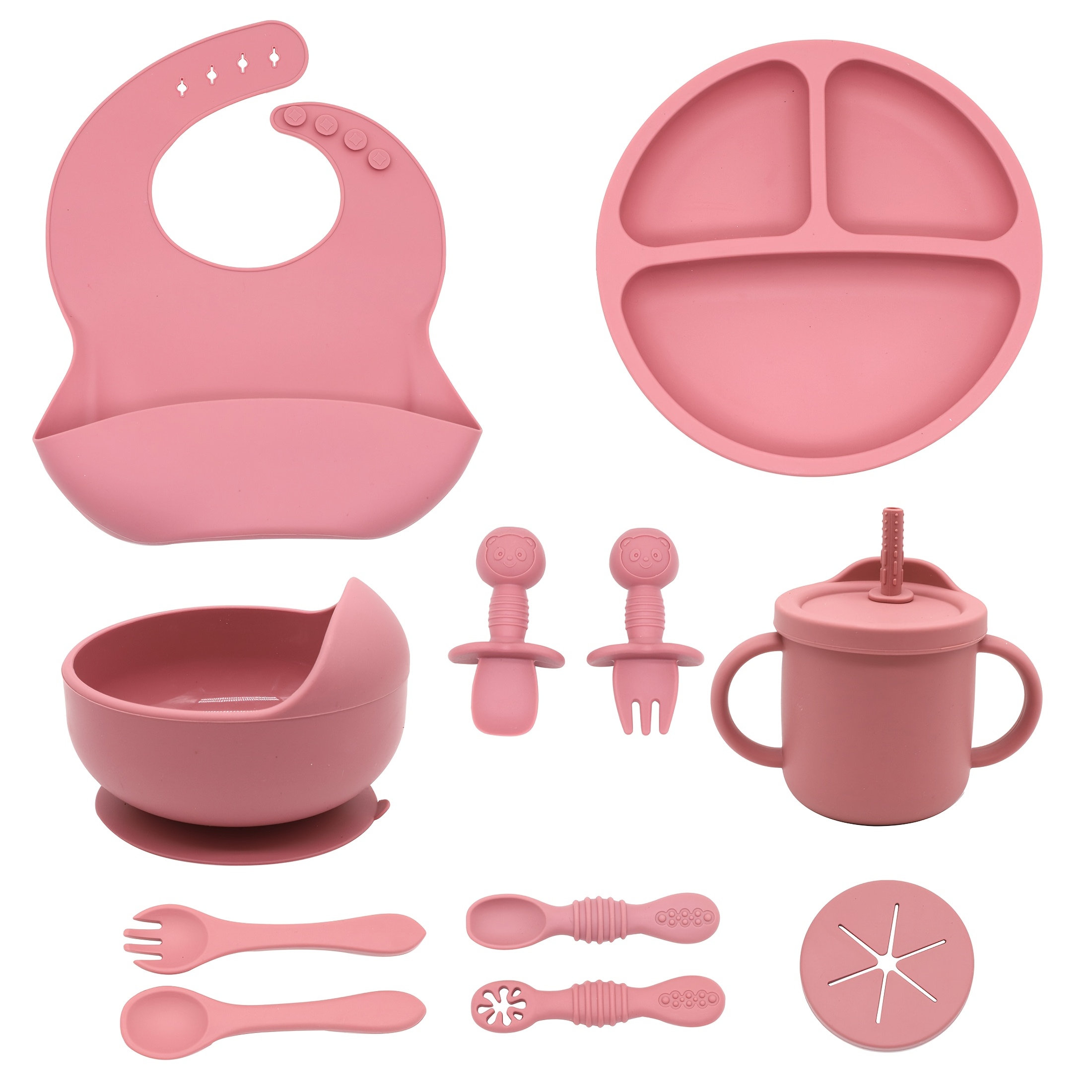 17dfc716-ad35-4c3c-b385-54ecfacb7089.jpg Set of 11 Silicone Feeding Items for Infants, Including a Suction Bowl, a Divided Plate, Utensils for Self-Feeding, And a Sippy Cup with an Adjustable Bib for Weaning Support. - Image 1