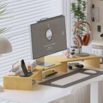 ⁦Dual Monitor Desk Mount Stand with Height Adjustment, Extended Width - Space-Saving Dual Screen Organizer, Laptop Holder, Cup & Stationery Storage - Sturdy Recycled Wood Construction for Home Office, Workspace - Minimalist Modern Desk Setup, Contemporary⁩ - الصورة ⁦4⁩