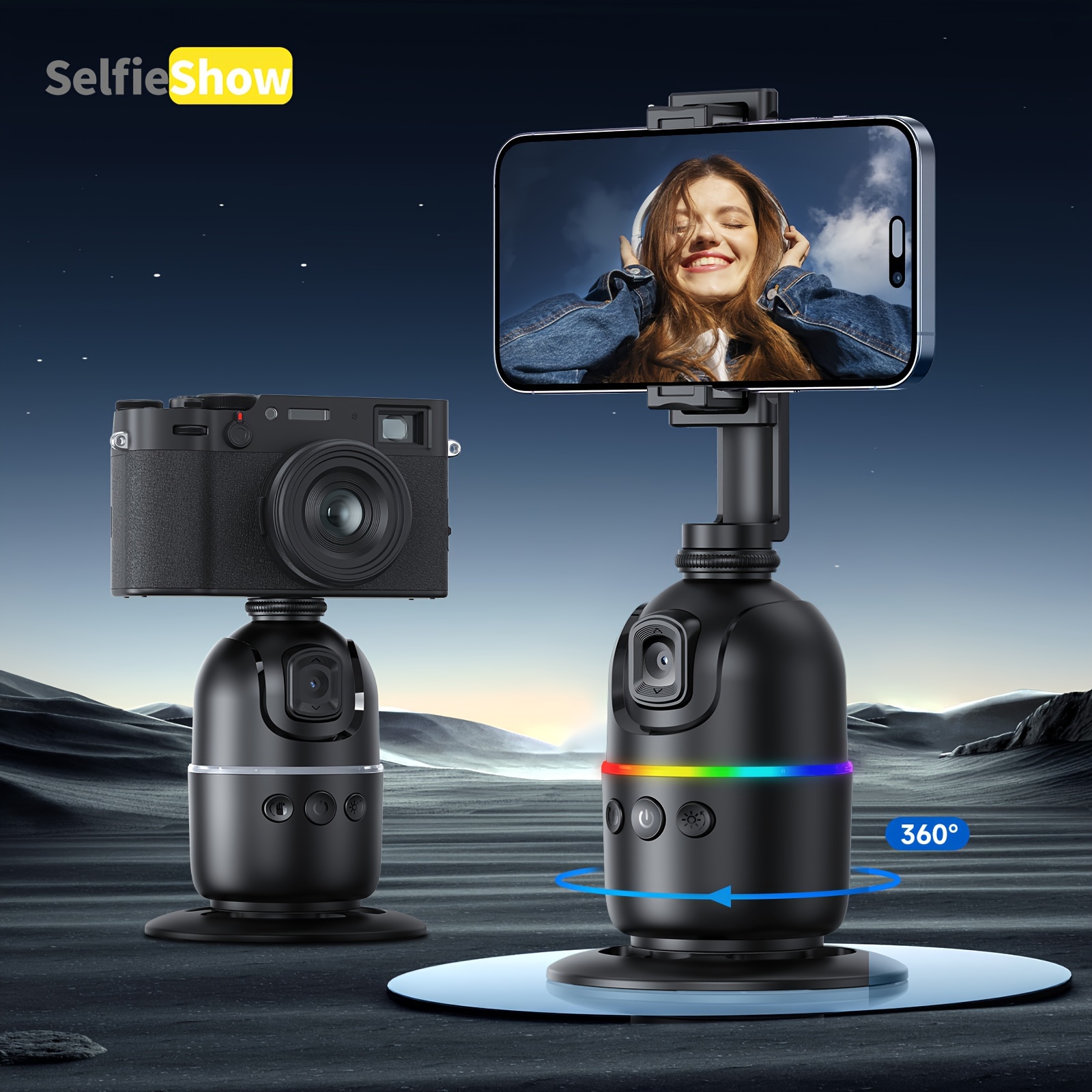 217a570b-0b52-4dcc-a660-bd5b58008dd1.jpg SelfieShow Smart AI Facial Recognition Selfie Stick, Panoramic Follow-Up & Anti-Shake, 360° Rotating Phone Holder, USB Charged, for Apple, Samsung & Smartphones, Ideal for Photography, Video, Travel, Outdoor Use - Image 1