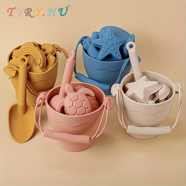 TYRY.HU Beach Toys Baby Sand Bucket Bathroom Set Safe Silicone Beach Bathroom Travel Toys for Boys and Girls Summer Outdoor Toys Fun Kids Beach Sand Toys Set with Bucket 4 Colors Christmas and Halloween Gifts