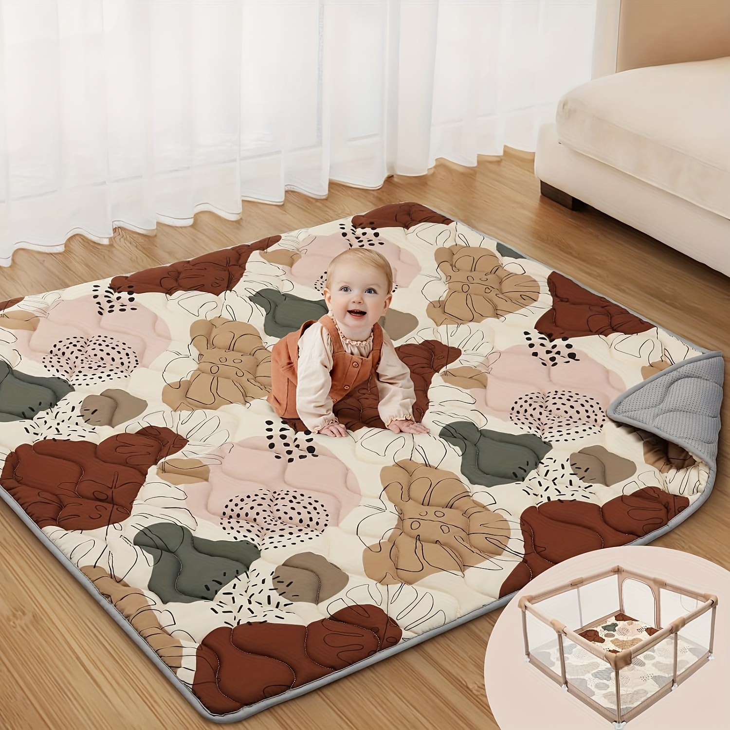 4ff95c35-7502-486c-9a76-0f3dcdf26820.jpg Play Mat For Floor, 50 x 50 Play Mat For Playpen, Thicken Soft Padding Foam Playmat For And Toddlers, Foldable And Machine Washable Crawling Mat, Boho Design - Image 1