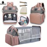 1pc Lamroro Multifunctional Diaper Backpack with Changing Station, Soft Shell Polyester Daypack for Travel, Preschool, with Mirror Embellishment, Zipper Closure, Stash Pocket, Striped Pattern, Essential Gift