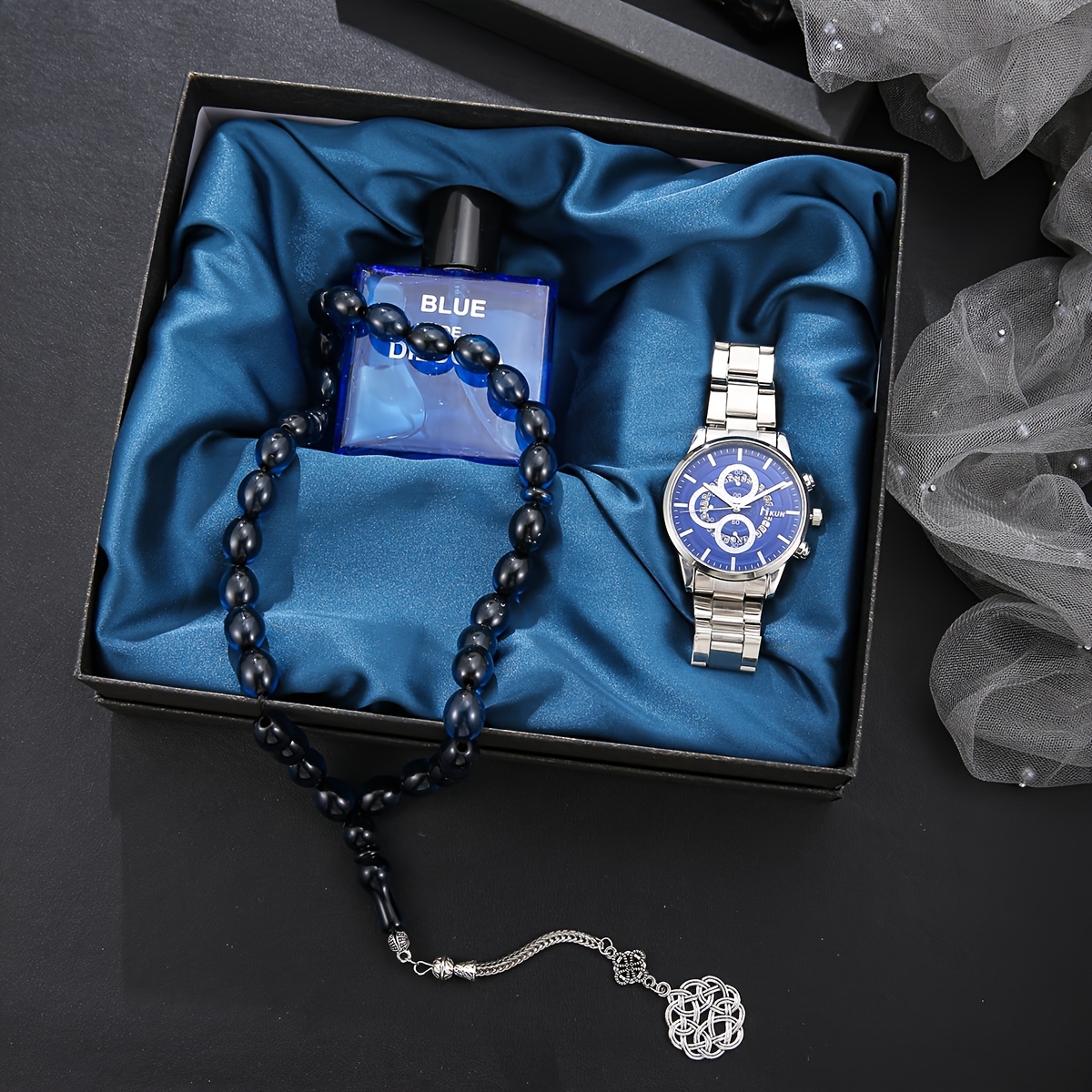 616b0f91-3eb6-442e-a7df-83a80d968e54.jpg Men's Set, Alloy Blue Dial Watch + Perfume + Prayer Beads, Blues Style - Image 1