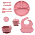 9pcs Silicone Baby Feeding Set - Weaning Guide Kit with Suction Bowl, Divided Plate, Toddler Self-Feeding Plate, Spoon, Fork, Adjustable Bib, and Sippy Cup for Infants and Toddlers