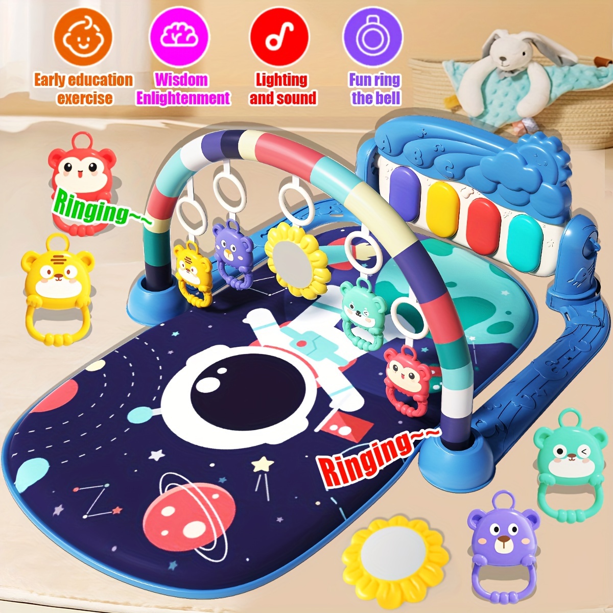 7d3649f7-6e8f-4ba4-80ed-e2d0066d073c.jpg Musical Baby Gym Play Mat with Piano, Activity Center Tummy Time Floor Mat for Newborns and Infants, Multi-Color, Interactive Hanging Toys, Early Development Lights & Sounds, Assembly Required, Polyester Fiber, Ideal Gift for Holidays - Image 1