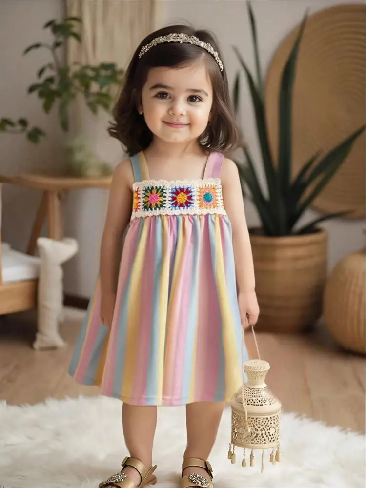 S51b6046aa4aa4577a363daca88892fdb4.webp Baby Girl Casual Dress 2025 Summer Sweet And Cute Rainbow Striped And Flower Printed Pattern Sleeveless Halter Children's Dress - الصورة 1