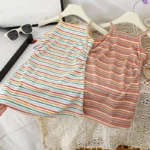 Children Suspender Striped Long Skirts Girls Baby Princess Summer Casual Vest Dresses Fashion Versatile Student Kids Short Skirt